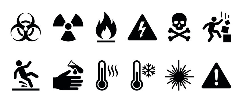 Comprehensive collection of universal hazard symbols and warning signs representing various dangers and safety precautions for industrial, chemical, and environmental risks.
