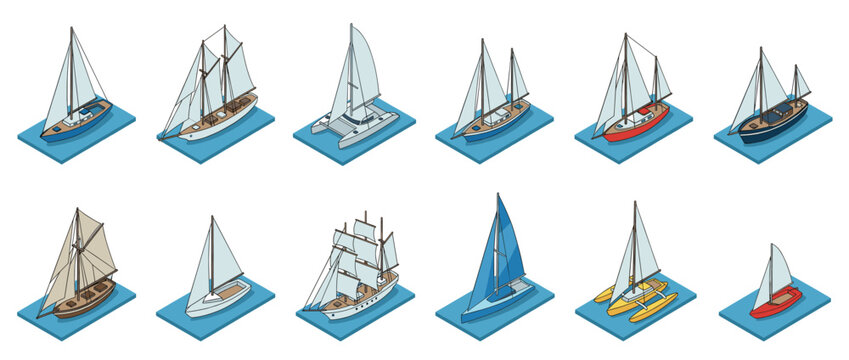 Collection of various isometric sailboats and yachts, including monohulls, catamarans, and schooners, depicted in a cartoon style.