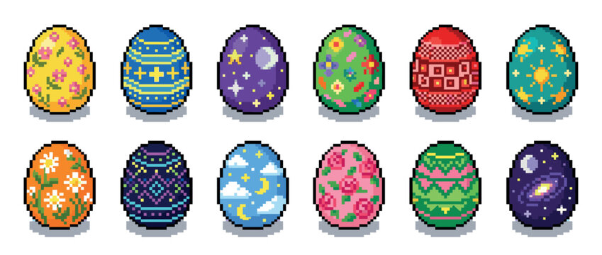 Pixel art Easter eggs with diverse patterns and colors, perfect for holiday designs and retro gaming themes.