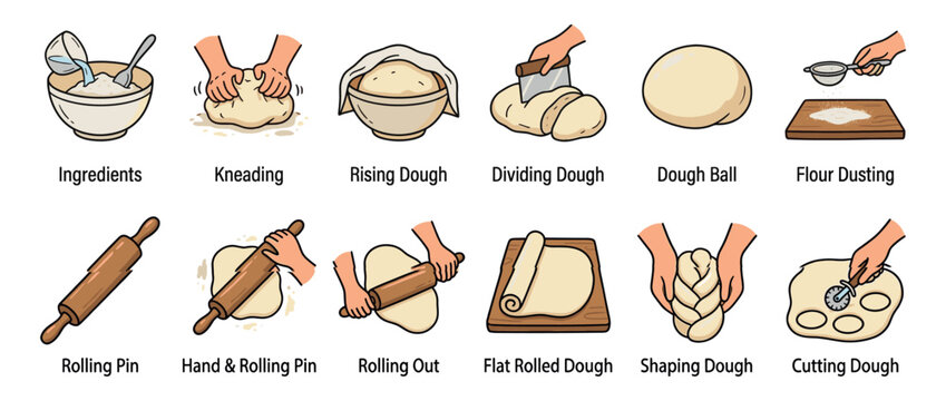 Illustrative guide showing the complete process of making dough, from mixing ingredients to kneading, rising, rolling, shaping, and cutting.