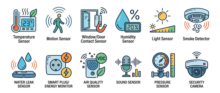 Smart home sensors and internet of things devices collection featuring various monitoring and detection technology icons for modern living