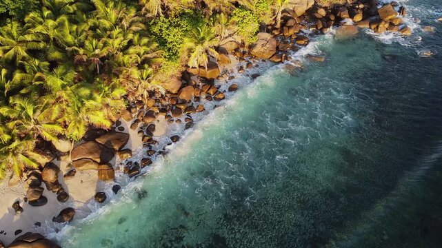 Aerial view of tropical rocky coastline with palm trees and turquoise waves