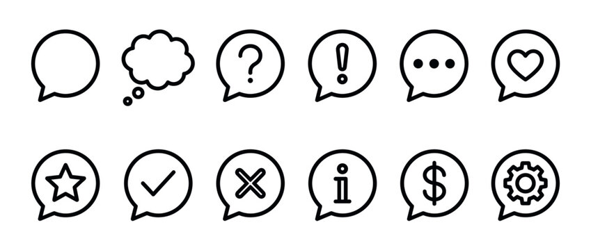 Speech bubble icons set with various symbols for communication, information, and interaction in a modern line art style.