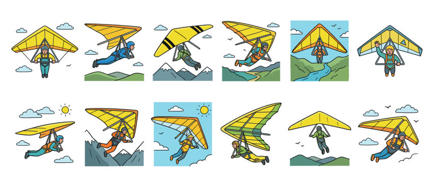 Hang gliders flying through the sky over mountains and rivers, enjoying the thrilling extreme sport of aerial adventure and freedom.