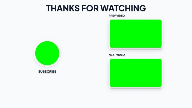 YouTube End Screen Template with Green Screen Placeholders for Video Preview and Subscribe Button Isolated on White Background 4k