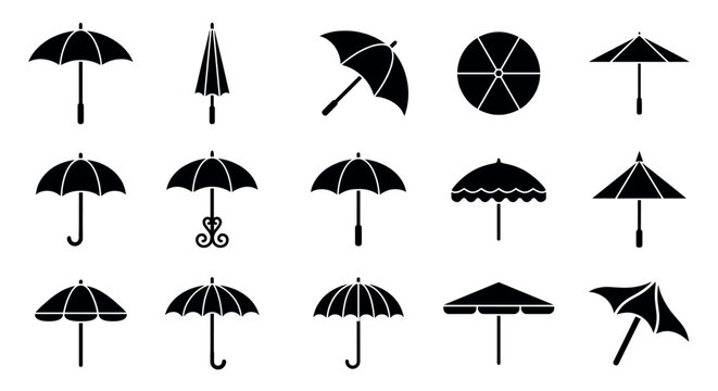 Umbrella icons set with various shapes, representing different styles and uses for weather protection and design elements.