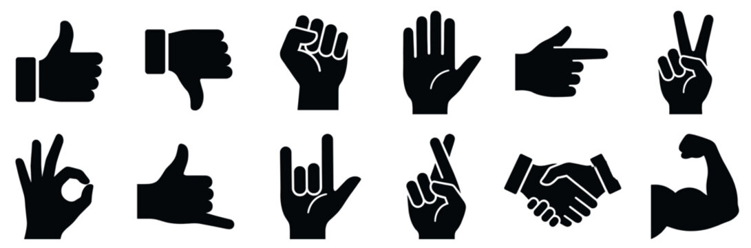 Human hand gestures and symbols collection featuring various common communication signs like thumbs up, peace, OK, pointing, and handshake.