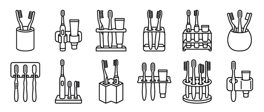 Toothbrushes and holders icons set featuring various designs for oral hygiene, dental care, and bathroom accessories in a clean line art style.