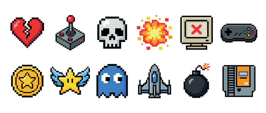 Collection of pixel art game icons featuring retro video game elements like a joystick, controller, broken heart, skull, and bomb.