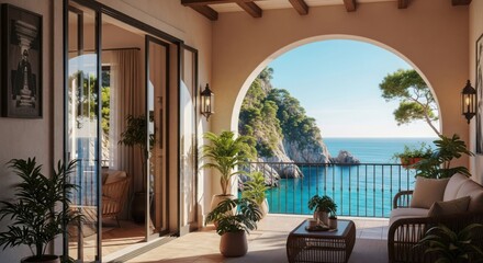 Fototapeta premium Mediterranean villa patio with ocean view and wicker furniture