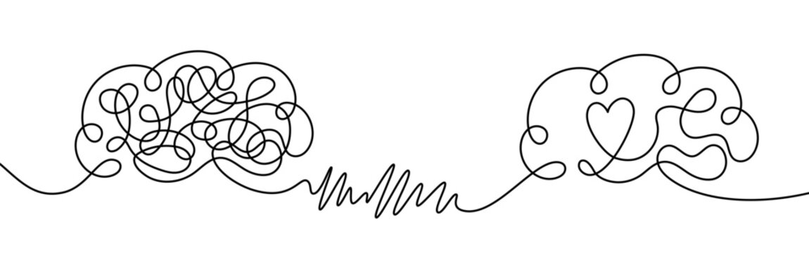 Chaos to harmony brain illustration with tangled thoughts transforming into heart centered calm mind, emotional balance concept, mental health healing, stress relief and self awareness