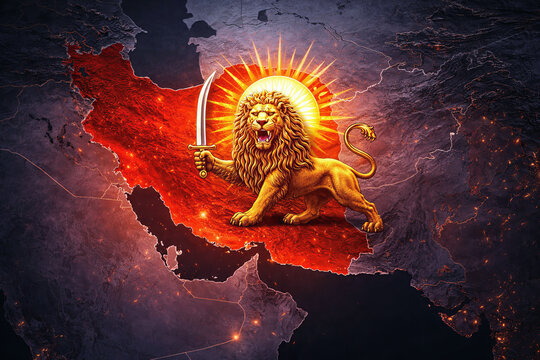 Symbolic persian lion over Iran map geopolitical power and identity concept.