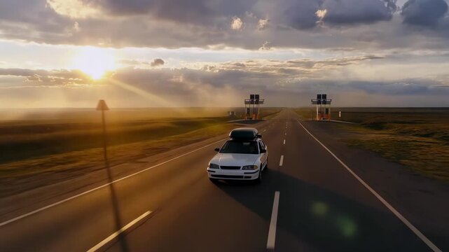 car driving toward road checkpoint front view, vehicle approaching control point on open highway with wide landscape, dramatic sky, transport travel scene with security infrastructure and journey flow