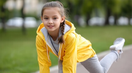 Naklejka premium Young girl doing stretching exercises outdoors, preparing for athletic game, promoting fitness and outdoor healthy play for kids 