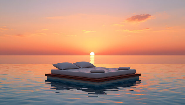 A luxury double bed floating on calm blue ocean water, sunset lighting.