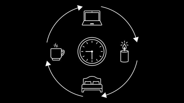 Circadian rhythm daily routine animation with sleep bed work laptop coffee break and candle relaxation loop around clock, lifestyle balance productivity schedule concept loop motion alpha channel