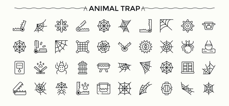 Animal Trap modern icon set. Minimalist editable vector stroke. Contains outline symbols like catch, wildlife, animal, trap, bait. Vector artwork and illustration. Catch icon set.