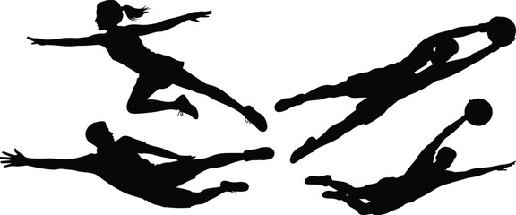 Basketball player silhouettes jumping dunking shooting and diving action poses isolated on white background © MSTMONIRA