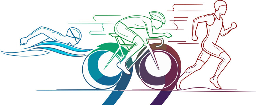 Triathlon, athletic icons, sports symbols, colorful illustration, vector graphics