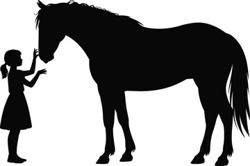 Obraz premium Little girl reaching horse silhouette bonding trust love childhood innocence animal friendship connection concept