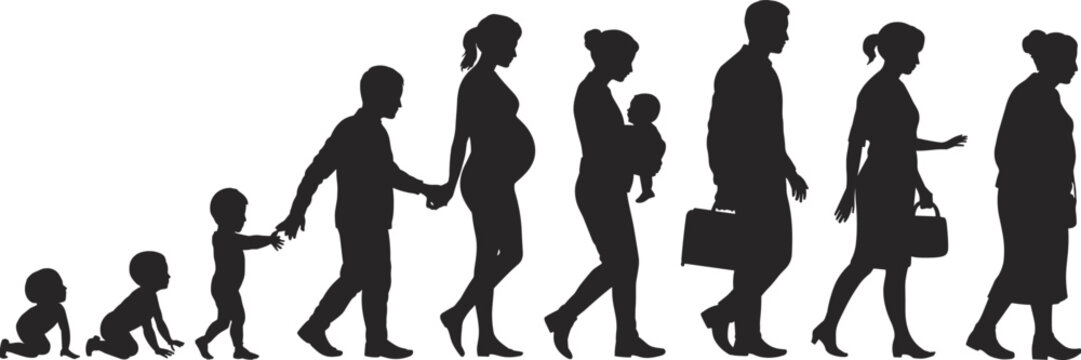 Human life stages silhouettes from childhood to adulthood growth aging timeline development concept illustration people
