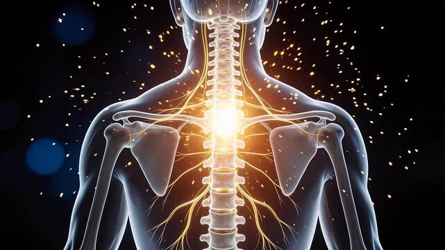 Medical 3D illustration of human spine and nervous system from posterior view, glowing neural pathways highlighting spinal cord and nerve roots for healthcare, education, and anatomy concepts.