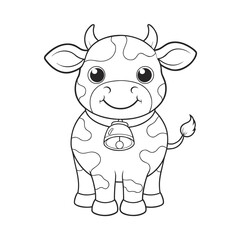 Fototapeta premium Cute Cartoon Cow with Bell Line Art Illustration for Coloring Page