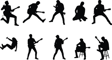 Fototapeta premium Silhouettes of guitar players performing energetic rock music poses isolated on white background collection
