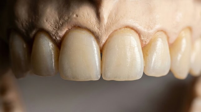 Upper front teeth showing enamel wear in closeup studio