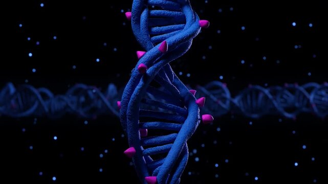 A 3d illustration of a blue dna double helix structure with pink nodes on a dark background with blue dots