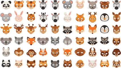 Obraz premium Wild animal face icon set with fox, deer, bear, raccoon, zebra and jungle animals flat vector collection