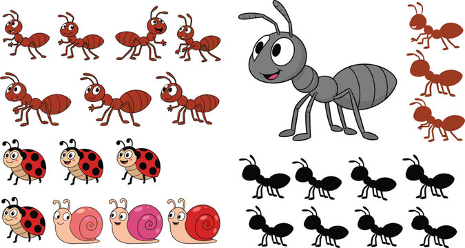 Cartoon insect collection with ants, ladybugs and snails in different poses cute vector illustration set isolated