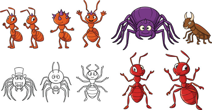 Cartoon ant and spider characters collection with different poses and styles cute insect vector illustration set