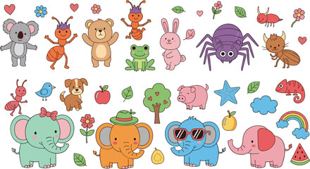 Obraz premium Cute animals and insects collection with elephant, bunny, frog, ant, spider and nature elements cartoon vector illustration set