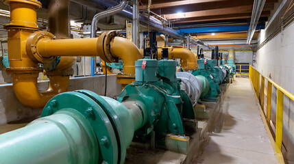 Naklejka premium Industrial water treatment plant interior with a row of large green pumps and yellow pipelines in a basement facility, showing infrastructure