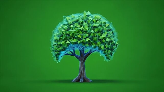 3D neural network tree with glowing brain-shaped foliage on vibrant green background