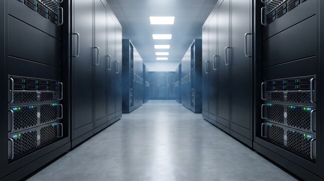 Clean Bright Data Center Corridor with Professional Server Enclosures and Cooling System