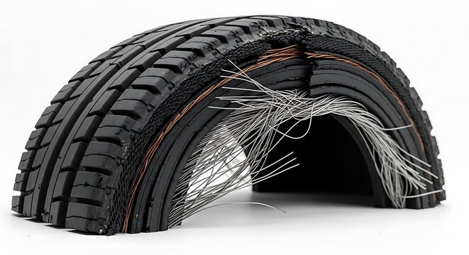 Detailed cross section of a car tire showing internal construction layers and reinforcing wires for strength and durability