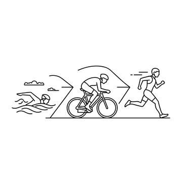 Triathlon athlete line art vector, swimming cycling and running icons, minimalist multisport competition race sequence