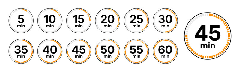 Fototapeta premium Set of circular timer icons showing minute intervals from 5 to 60