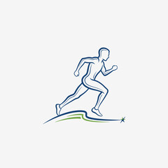 Obraz premium Running man line art logo, athletic male sprinter silhouette vector, blue and green sports marathon icon for fitness branding