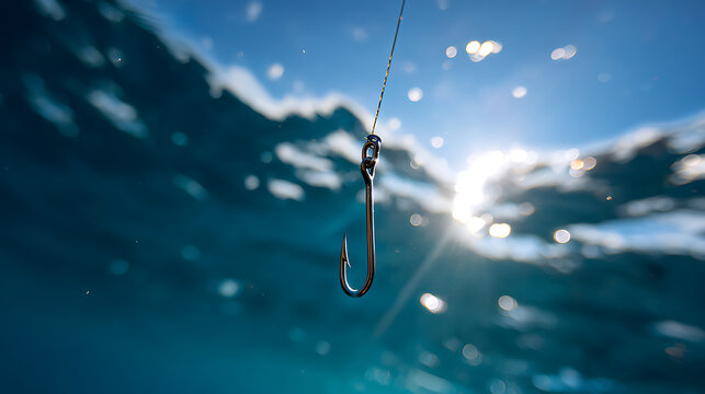 Underwater perspective of a shiny fishing hook suspended in deep blue water under bright, sunlit surface ripples and reflections