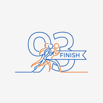 Minimalist running logo with number 93 and finish line ribbon, line art marathon runners vector, blue and orange sports icon
