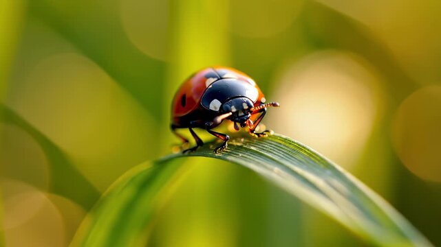 This video shows a ladybug on a leaf, showcasing its vibrant colors and delicate features in a natural outdoor setting, highlighting the importance of insects in the ecosystem and their role in