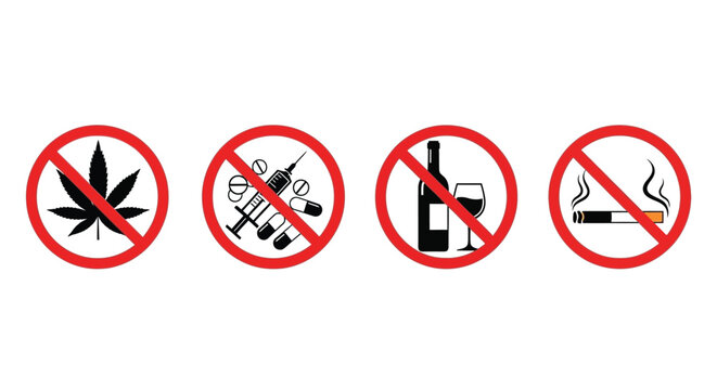 Prohibited substances marijuana drugs alcohol and cigarettes shown with red slashes