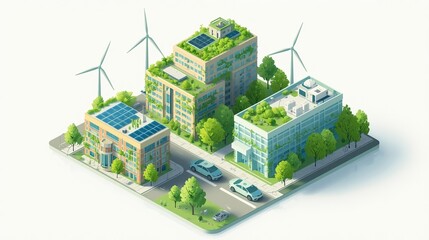 Obraz premium Isometric illustration of eco-friendly city with solar panels, wind turbines, vertical gardens and electric cars. Spring 2026 green urban sustainability concept for ESG and environmental branding.