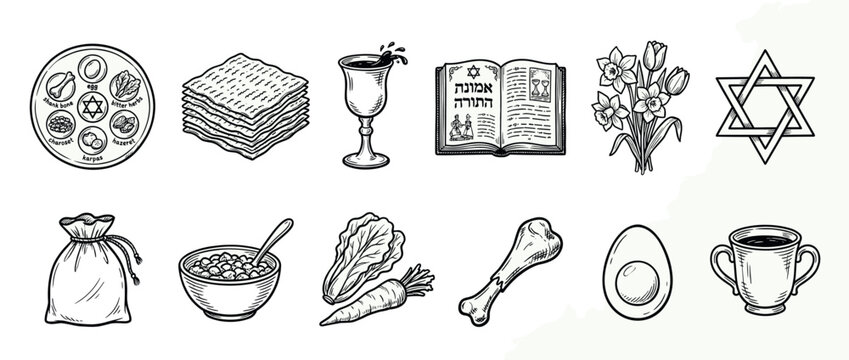 Passover Seder items and Jewish symbols in a hand-drawn black and white illustration, depicting traditional elements for the holiday celebration.