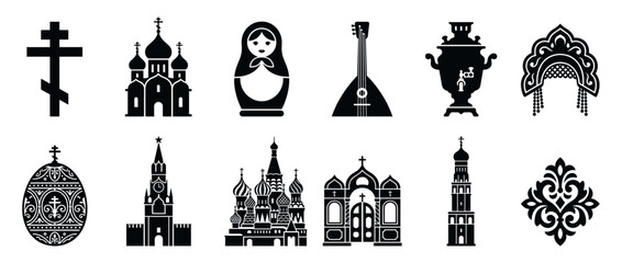 Fototapeta premium Russian cultural symbols and religious icons including churches, a matryoshka doll, balalaika, samovar, and traditional architecture elements.
