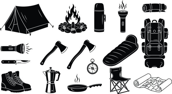 Black and white icons of camping and outdoor adventure gear on white background vector set