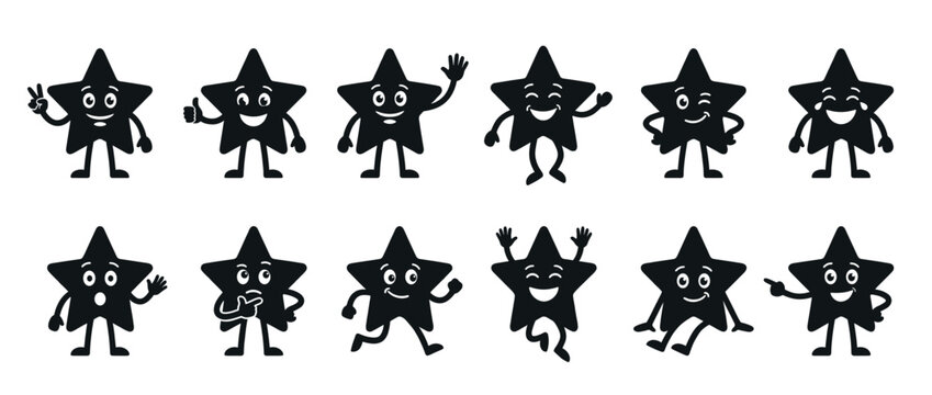 Cute cartoon star characters with various facial expressions and body gestures, depicting a range of emotions and actions in a playful vector illustration.